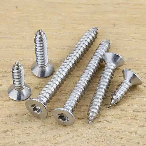Heavy Duty Pro Grade Size 12 By 2 Inch Flat Head Torx Self Tapping Screws in various sizes, 304 stainless steel, rust resistant.