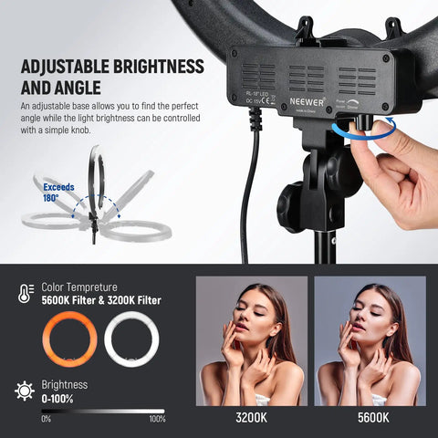 Adjustable brightness feature of 18 Inch Ring Light Kit With 55W 5600K Pro LED Stand Phone Holder Soft Tube for artists.