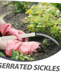 Person using Serrated Weeding Tool With Wooden Handle For Easy Weeding And Harvesting In The Home Garden And Field A Handy Handheld Garden Instrument