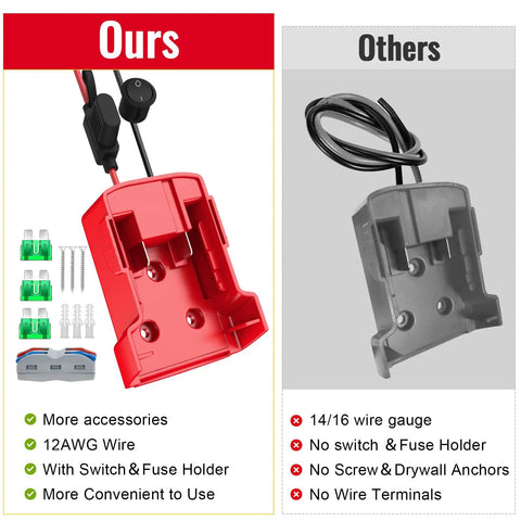 Comparison of Two Pack Power Wheel Adapter For Milwaukee 18V Battery with 12 AWG wire, switch, fuse, versus other adapter.