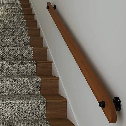 Top Tier Solid Wood Stair Handrail, Non Slip Indoor Hallway Safety Railing With Heavy Duty Iron Brackets And Full Mounting Kit, No Sweat Wall Grip Support Bar For Home Loft Or Senior Living 17 Ft Long mounted on stairs.
