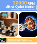 Zhrui Mini Metal Lathe Machine With 5 Pc Carbide Cutter Set, 20K Rpm Ultra Quiet Motor, showcasing the ultra-quiet motor and machinery.