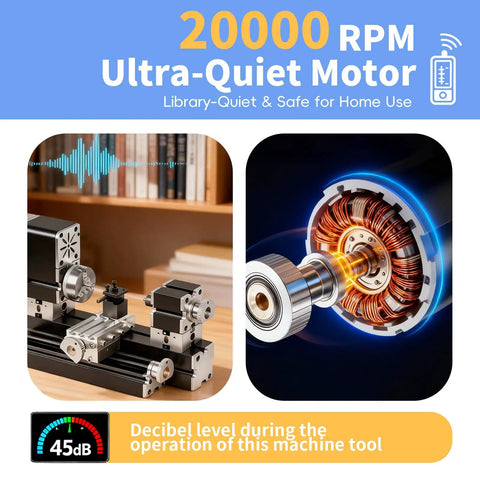 Zhrui Mini Metal Lathe Machine With 5 Pc Carbide Cutter Set, 20K Rpm Ultra Quiet Motor, showcasing the ultra-quiet motor and machinery.