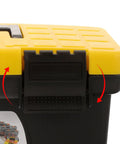 Heavy Duty Plastic Handheld Toolbox With Splashproof Compact Build, Rugged Electrician Storage Case lid close-up with latch.