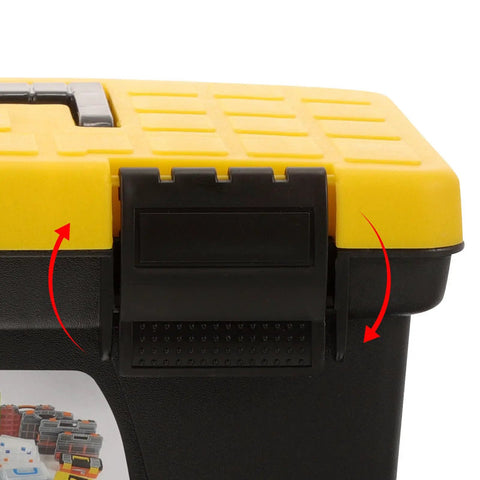 Heavy Duty Plastic Handheld Toolbox With Splashproof Compact Build, Rugged Electrician Storage Case lid close-up with latch.
