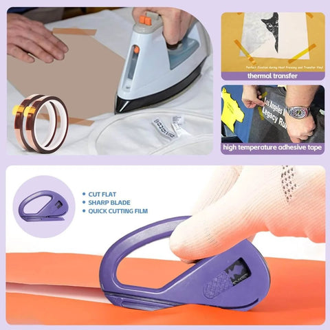 All In One Sublimation Shirts Tool Kit For Vinyl Alignment With Portable Ironing Pad And T Shirt Ruler Guides Must Have Teflon Sheets For Cricut Heat Press HTV Center Designs Plus Heat Resistant Gloves Tape Pencils And Mini Pruning Tool showing ironing process, ruler guide, and mini tool.