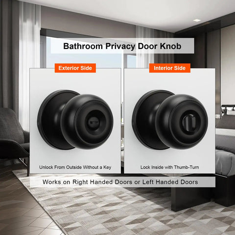 Six Pack Matte Black Interior Privacy Door Knobs For Bedroom Or Bathroom Classic Round Doorknobs Hardware Set With Inside Turn Button Lock And Outside Emergency Release Pin; exterior and interior views.