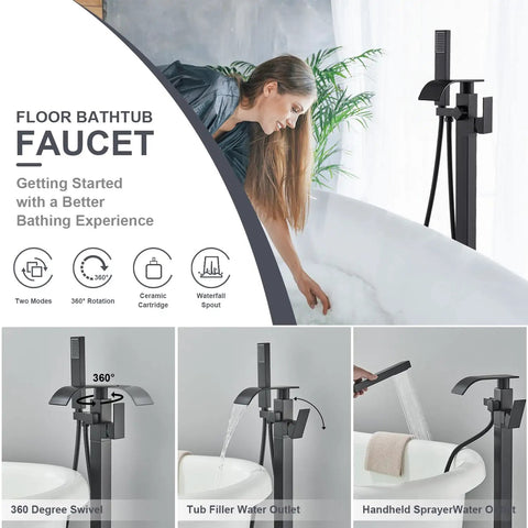 Matte Black Free Standing Tub Faucet With Hand Shower Floor Mounted Brass Tub Filler For Modern Bathrooms, Single Lever Waterfall Design