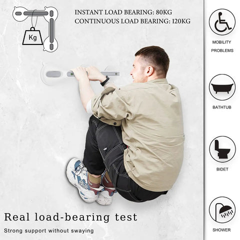 Man testing 19 Inch Suction Cup Grab Bars For Showers And Bathtubs With Red Green Indicators For Secure Install Elderly Handicap Seniors Balance Assist