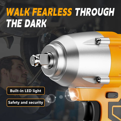 Close-up of Brushless Half Inch Cordless Impact Wrench With 700 Nm Max Torque And 4800 RPM, showcasing LED light feature.