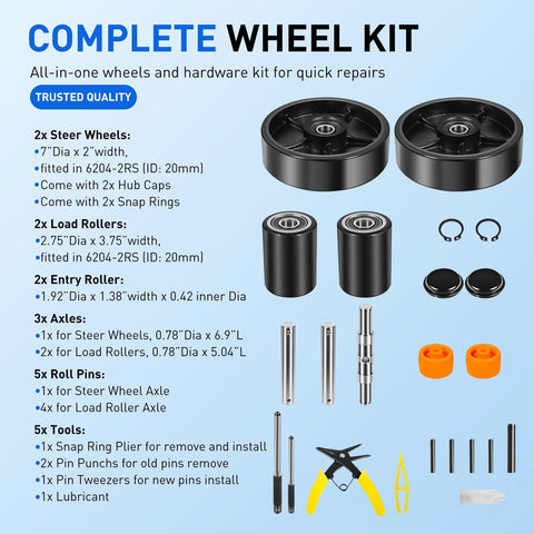 All In One Replacement Kit For Pallet Jack Wheels With Axles And Load Rollers Including Steering Wheels 7 Inch By 2 Inch And Front Load Roller 2.76 By 3.74 Black Poly Tread
