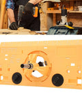 35mm hinge boring jig kit with orange ABS panel and ruler markings; woodworker drilling in workshop.