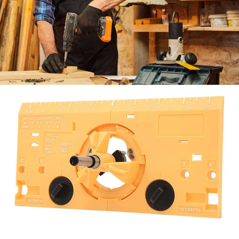 35mm hinge boring jig kit with orange ABS panel and ruler markings; woodworker drilling in workshop.