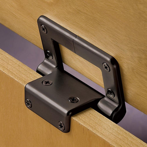 Built Tough Soft Close Hinge Rustic Bronze close-up view showing mounting screws for secure attachment.