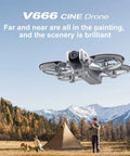 Mini Drone With Display Screen, Dual Cameras, FPV Remote flying above scenic mountain landscape with people and a tent.