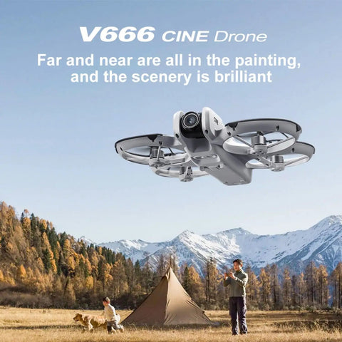 Mini Drone With Display Screen, Dual Cameras, FPV Remote flying above scenic mountain landscape with people and a tent.