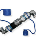 Half Inch Body With 90 Degree Elbow 1/2 In NPT Pipe Thread Flat Face Hydraulic Quick Connect Coupler For Skid Steer Attachments ISO 16028 Heavy Duty Couplings With Dust Caps TL23E, with blue dust caps