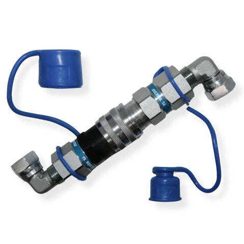 Half Inch Body With 90 Degree Elbow 1/2 In NPT Pipe Thread Flat Face Hydraulic Quick Connect Coupler For Skid Steer Attachments ISO 16028 Heavy Duty Couplings With Dust Caps TL23E, with blue dust caps