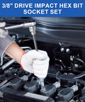 Pro Shop Extra Long Hex Socket Set Featuring Twenty Precision Allen Bits And 3/8 Inch Drive used on engine bolts in vehicle repair.