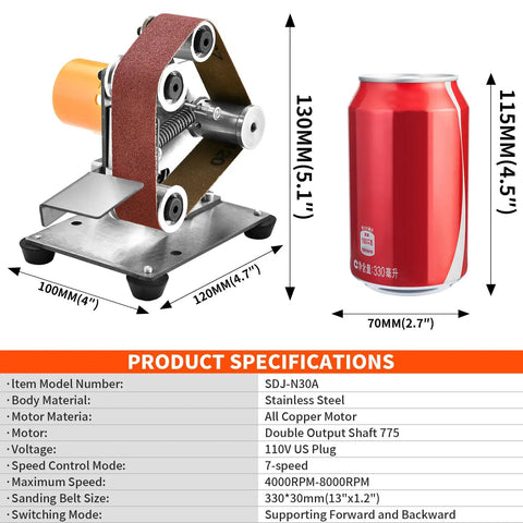 Dope Compact Mini Electric Belt Sanding Machine Knife Sharpener with size comparison to a soda can, features stainless steel body.