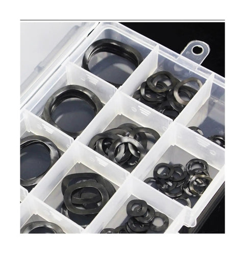 Three Wave Peak Seal Set Spring Washer Kit Elastic Metal Gasket Wave Form Locking Washers 3mm To 25mm Internal Assortment For Hardware Repair Pros Durable Locking Performance For Automotive And DIY Projects Pro Grade Gear, black washers in storage case