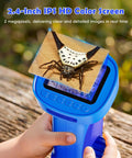 Kids 1000X Handheld Digital Microscope With 2.4 Inch HD Screen And 2MP Lens Portable Pocket Science Toy For STEM Fun And Nature Exploration Perfect Gift For Ages 3 To 12 Boys And Girls. Blue handheld microscope with 2.4-inch HD screen showing a bug on a leaf