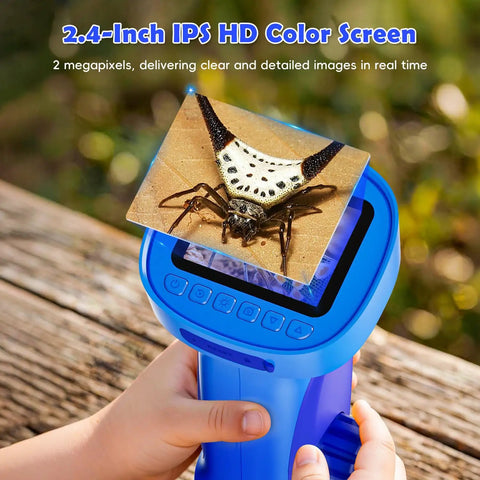Kids 1000X Handheld Digital Microscope With 2.4 Inch HD Screen And 2MP Lens Portable Pocket Science Toy For STEM Fun And Nature Exploration Perfect Gift For Ages 3 To 12 Boys And Girls. Blue handheld microscope with 2.4-inch HD screen showing a bug on a leaf