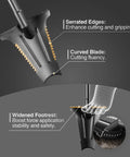 Close-up of 46 Inch Metal Detecting Shovel With Double Serrated Blade For Relic Hunting Gold Prospecting Landscaping And Garden Work Built With Manganese Steel Head And Carbon Handle For Rugged Outdoor Use In Rock Sand And Wet Ground showing serrated edges, curved blade, and widened footrest.