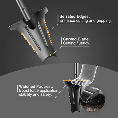 Close-up of 46 Inch Metal Detecting Shovel With Double Serrated Blade For Relic Hunting Gold Prospecting Landscaping And Garden Work Built With Manganese Steel Head And Carbon Handle For Rugged Outdoor Use In Rock Sand And Wet Ground showing serrated edges, curved blade, and widened footrest.