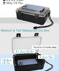 Medium waterproof dry box for boats and kayaks, clear lid, black base; suitable for phones and small items, 8.9x6.4x3.26in, secure seal.