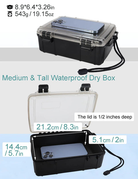 Medium waterproof dry box for boats and kayaks, clear lid, black base; suitable for phones and small items, 8.9x6.4x3.26in, secure seal.
