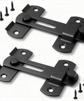 Two Pack Black Barn Door Lock Latch Set For Sliding Doors No Fuss Easy Install Privacy Lock Stainless Steel Rust Resistant shown with screws.