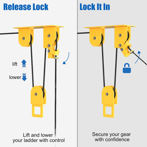 Ladder Storage Pulley Hoist Self Locking Hanger For Garage Ceiling Lift System, yellow pulley lock mechanism close-up.