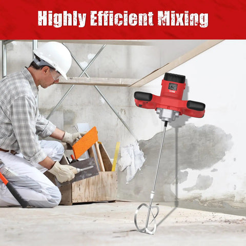 Worker using Beast 2100W Electric Cement Mixer with 6 speed settings, handheld mixing tool displayed against concrete wall.
