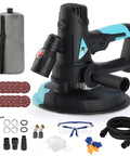 Powerful Drywall Sander With Vacuum Handheld 720W 7 Inch Sander Tool Pro Grade shown with accessories and dust collection bag