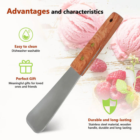 Stainless Steel Ice Cream Shovel With Wooden Handle For Easy Scoops And Serving Frozen Treats, highlighted features in background
