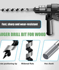 1 Inch Wood Auger Drill Bit For Woodworking Eleven Point Eight Inch Long 26x300mm Hex Shank Half Inch For Hard Wood Soft Wood Plywood And Plastic Durable Auger Bit For Diy Projects And Cabinet Making displayed with positioning tip, widened flute, and hex shank details
