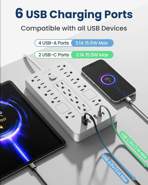 Power Strip Surge Protector With 14 Outlets And 6 USB Ports Including 2 USB C For Home Office Or Dorm, 6 Ft Flat Plug Extension Cord, 1850 Joules Surge Protection, ETL Listed, Overload Safe, Space Saving 14 Outlet Hub white with 4 USB-A and 2 USB-C ports charging phone and tablet