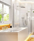 Bathroom featuring Waterfall Tub Faucet Set In Brushed Gold, Widespread 3 Hole Design With Two Handles, Includes Water Supply Lines