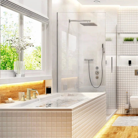 Bathroom featuring Waterfall Tub Faucet Set In Brushed Gold, Widespread 3 Hole Design With Two Handles, Includes Water Supply Lines