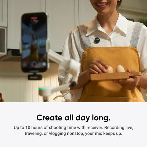Person vlogging with Wireless Mic Air Transmitter For Vlog And Streaming, Ultralight 7.9g, in a kitchen setting, no receiver needed