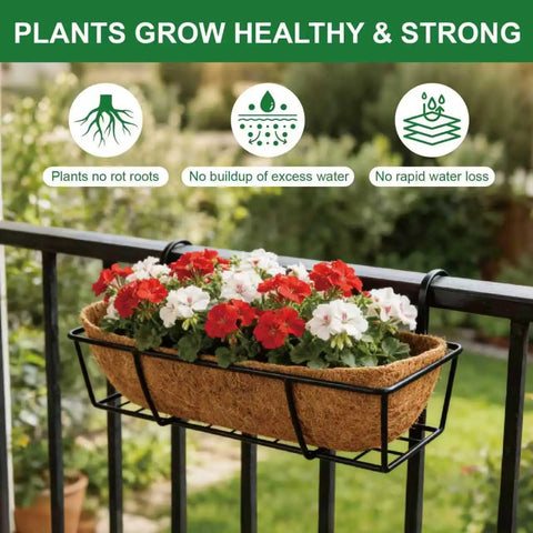 Two Pack 24 Inch Coconut Liners For Planters Trough Coco Liners displayed with red and white flowers in a metal window box.
