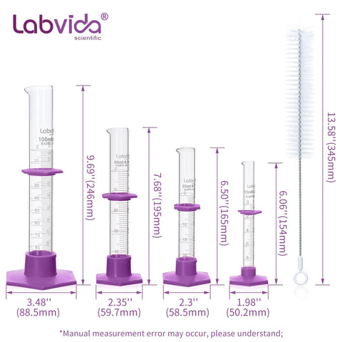 Durable Pro Grade Borosilicate Glass Measuring Cylinder Set With Hex Base And Brush Includes 10 ML 25 ML 50 ML And 100 ML Cylinders