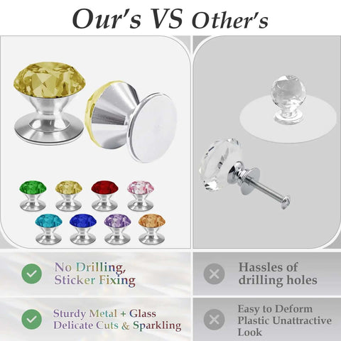 4 Piece Yellow K9 Crystal Self Adhesive Cabinet Knobs Drill Free Drawer Pulls Peel And Stick Mirror Hardware set comparison image.