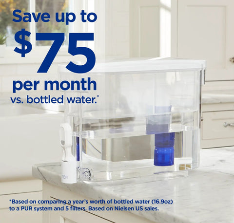 Lead Reducing Water Filter Dispenser With WQA Certified Filter And 30 Cup Capacity on a kitchen counter.