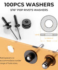 Heavy Duty 200 Pcs 3/16 Inch Pop Rivets Assortment Kit with black aluminum rivets and washers, diagram showing dimensions.