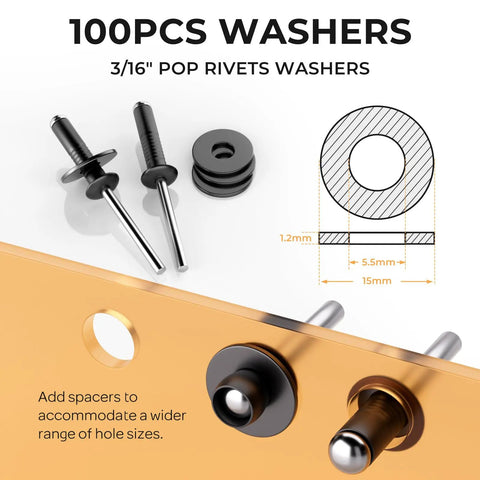 Heavy Duty 200 Pcs 3/16 Inch Pop Rivets Assortment Kit with black aluminum rivets and washers, diagram showing dimensions.