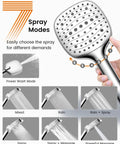 High Pressure Handheld Shower Head With Filter, 7 Modes, showing anti-clog nozzles and spray settings grid.