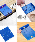 Precise, portable hinge jig and punch locator drill guide set helps you position holes for concealed Euro hinges on full overlay cabinet doors, delivering quick, soft opening installation with four pack reliability, shown in use and close-up views in blue ABS material.