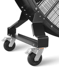 Built Heavy 79 Portable Industrial Fan Kicks Your Space Into Gear For Warehouse Gym Or Shop with sturdy black wheels.